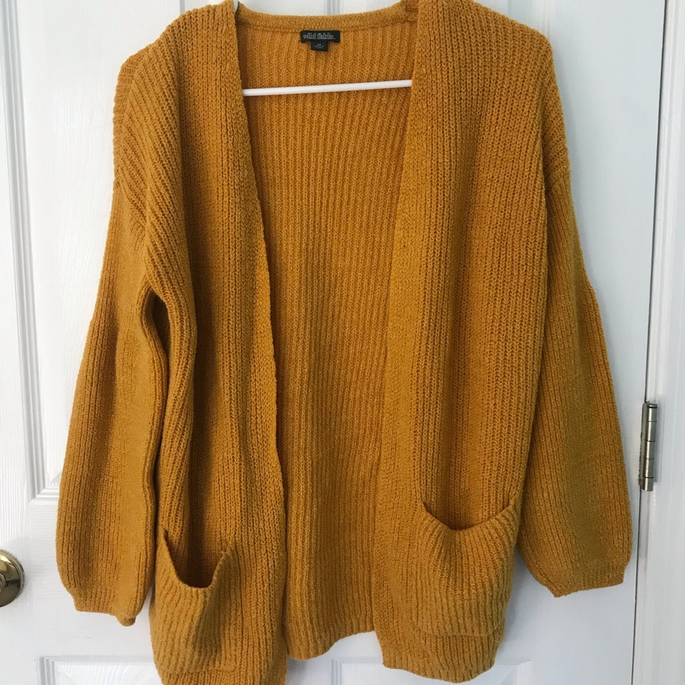 mustard puff-sleeve cardigan